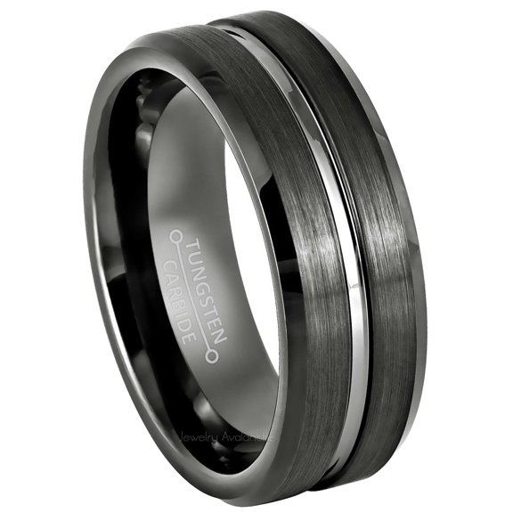 Grooved Center Gunmetal Tungsten Ring Men's Beveled Edge Dark Gray Tungsten Carbide Wedding Band Anniversary Ring - 977GMs11.5