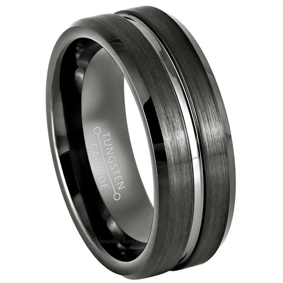 Grooved Center Gunmetal Tungsten Ring Men's Beveled Edge Dark Gray Tungsten Carbide Wedding Band Anniversary Ring - 977GMs11