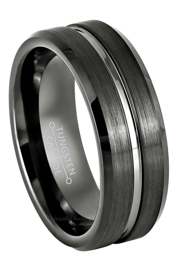 Grooved Center Gunmetal Tungsten Ring Men's Beveled Edge Dark Gray Tungsten Carbide Wedding Band Anniversary Ring - 977GMs8
