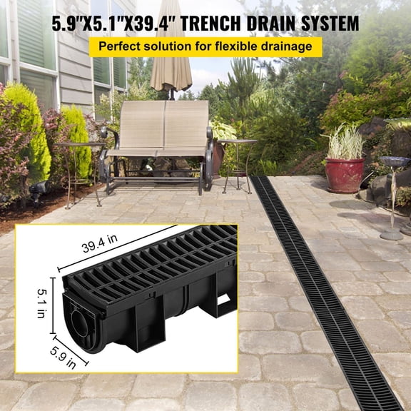 Grooved Drainage System Plastic Grille HDPE Drainage Channel 5.9x5.1 Inch Black Garage Drain 6x39 Inch Grille with 6 End Caps for Garden Driveway 6 Pack