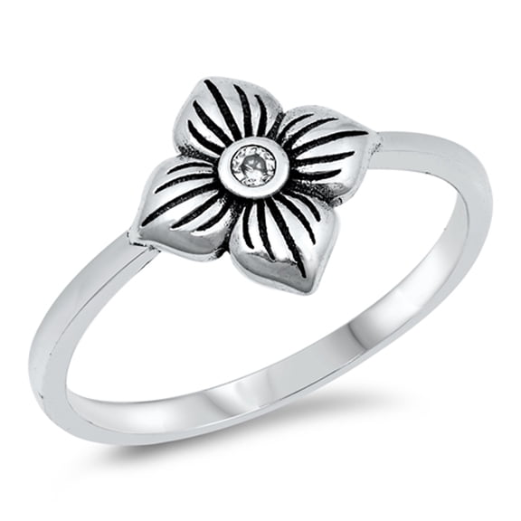Grooved Flower Plumeria Nature Clear CZ Ring .925 Sterling Silver Band White Female Size 7