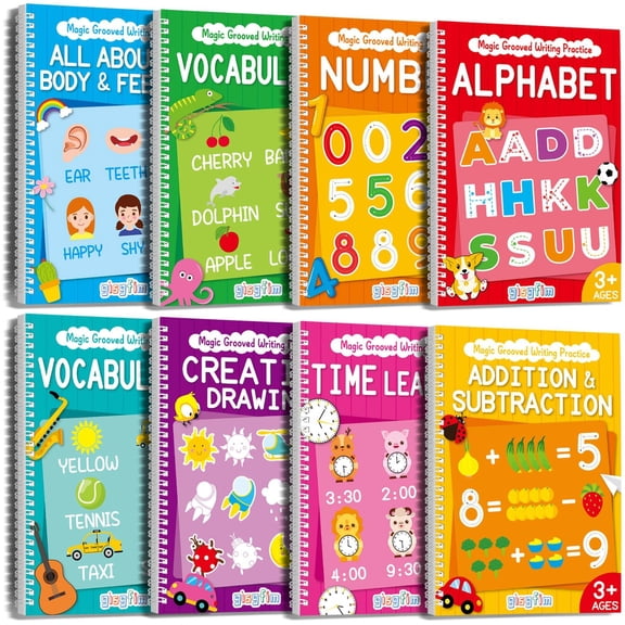 Grooved Handwriting Practice Books for Ages 3-10 Reusable Writing Workbooks with Disappearing Ink 8 Book Set