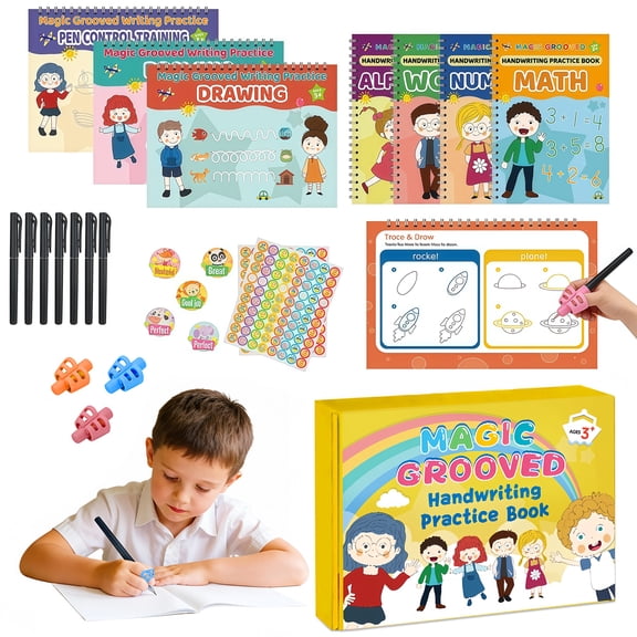 Grooved Handwriting Practice for Kids Ages 3-8, Reusable Magic Writing Books with Disappearing Ink, Large 10.24x7.29 in, 7 Books + Pens + Stickers + Grips