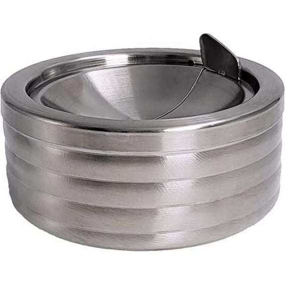 Grooved Silver Smokeless Classic Metal Ashtray with a Lid for Cigarettes - Windproof Ashtreys for Patio Outdoor Indoor Decorative Fancy Stainless Steel Ash Tray
