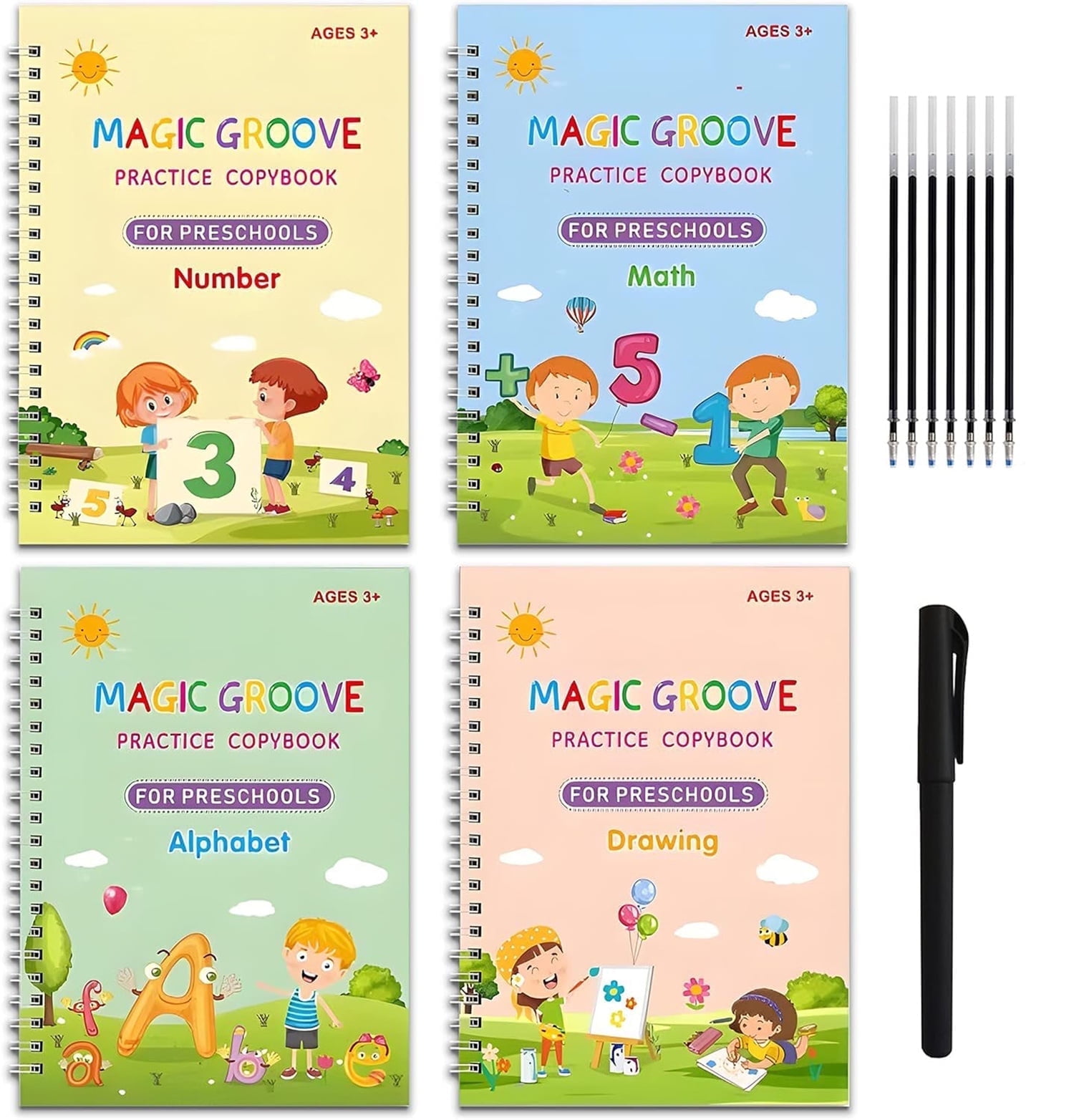 Grooved Writing Books for Boy Girl,Practice Copybooks,Reusable Writing Practice Book,Reusable Handwriting Workbooks for Tracing and Learning Activities,Gift for Family,4 Books with Pens