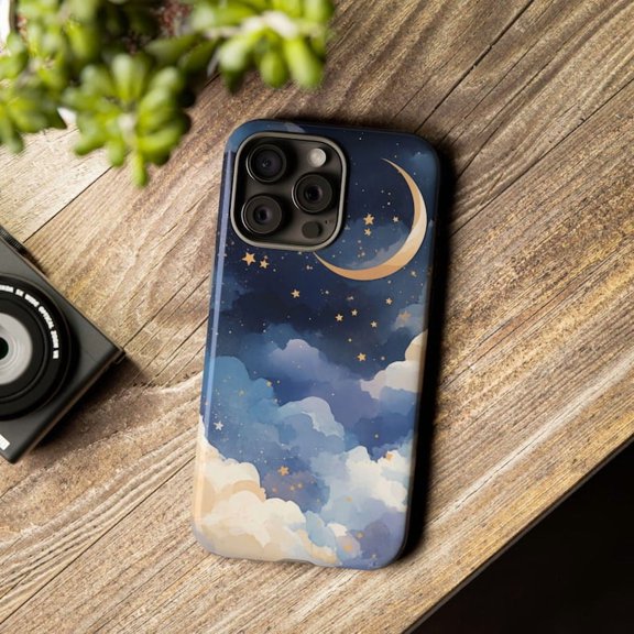 Groovie Commerce Blue Stars & Moon Phone Case – Tough & Glossy | iPhone 16-11 Pro Max, Watercolor Cloud Effect