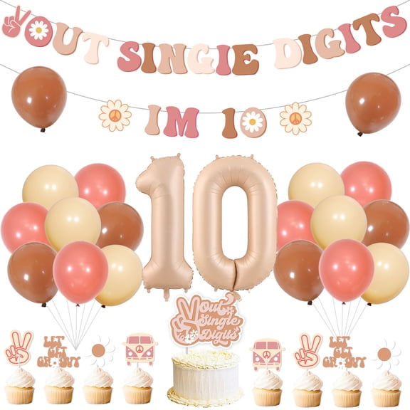 Groovy 10th Birthday Party Decorations for Girls - Retro Hippie Boho Birthday Party Decor with Peace Out Single Digits I'm 10 Banner Garland Cake Topper Number 10 foil balloon for 10th Birthday