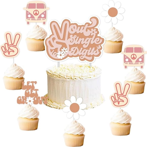 Groovy 10th Birthday Topper for Girls, Peace Out Single Digits Cake Topper, Let's Get Groovy Cupcake Toppers, Double Digits Birthday Party Decorations, Retro Hippie Boho 10th Birthday Party Supplies