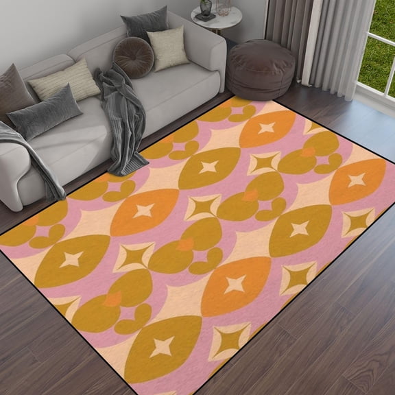 Groovy 1960s Style Pattern With Symmetrical Wavy Lines And Stars Retro Area Rug Outdoor Patio Rug Play Mat Modern Floor Carpet Non-Slip Home Decor Living Room 5x6ft