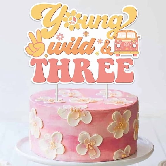 Groovy 3rd Birthday Cake Topper Decor Young Wild and Three Cake Topper Groovy Retro Hippie 60s 70s Birthday Dessert Table Cake Decor Daisy Hippie 3rd Birthday Decor for Boho Groovy 3rd Party