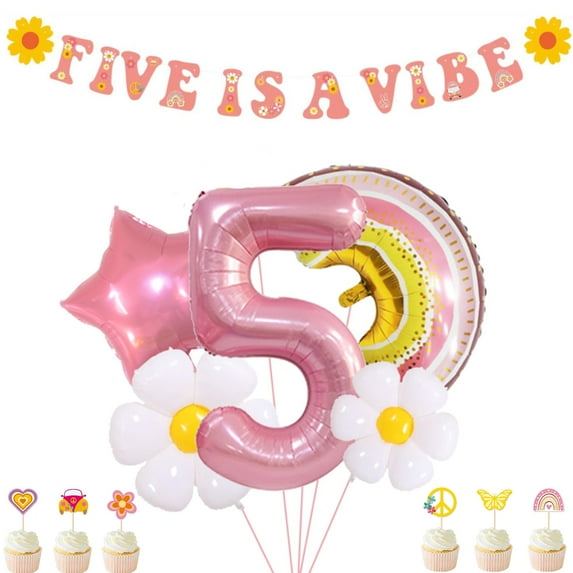 Groovy 5th Birthday Party Decorations Five KKS1 Is A Vibe Banner Daisy Rainbow Balloons for Five Birthday Decorations Girl