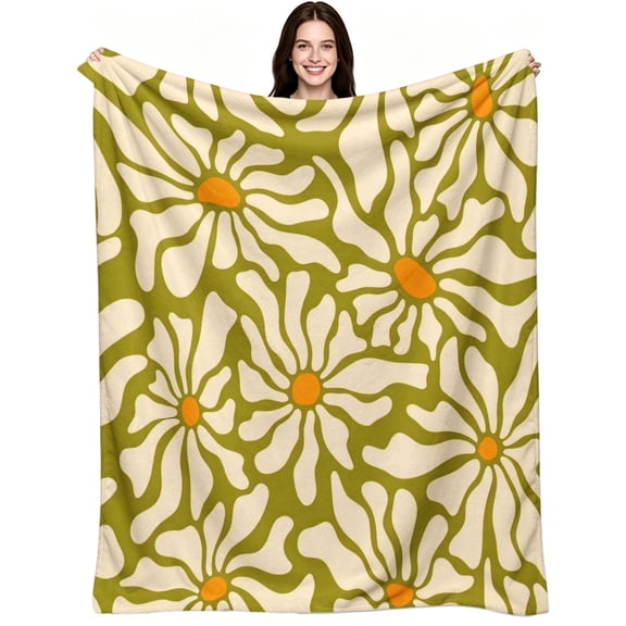 Groovy 70s Retro Wavy Daisy Pattern, Soft Warm Flannel Fleece, Vintage Modern Botanical, Throw Blanket, Cozy Warm, Home Decor, Couch Sofa Bed Home, Gift