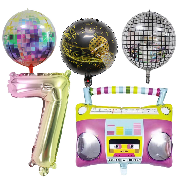 Groovy 7th Birthday Party Balloon Set; Disco Boombox Foil Balloons; Pink Gold Silver