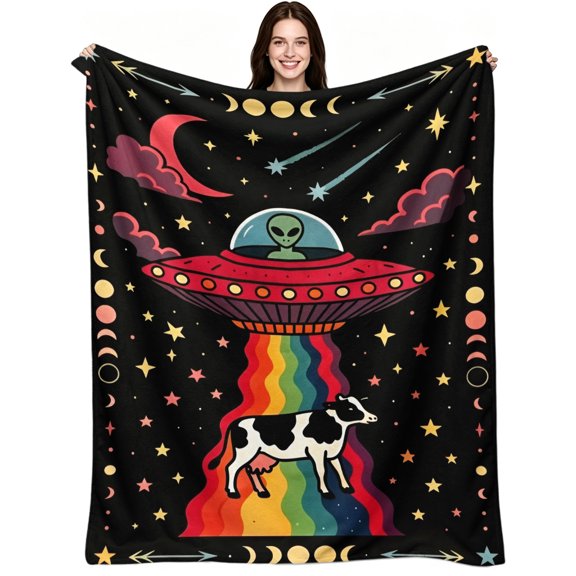 Groovy Alien UFO Rainbow Cow Abduction, Soft Warm Flannel Fleece, Retro Cartoon Celestial, Throw Blanket, Cozy Warm, Home Decor, Bed Living Room Bedroom