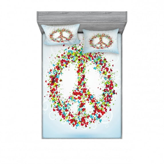Groovy Bedding Set with Sheet & Covers, Peace Made by Hearts Unity Lack Conflict No More Hostility Theme Illustration, Printed Bedroom Decor 2 Shams, 4 Sizes, Multicolor, by Ambesonne