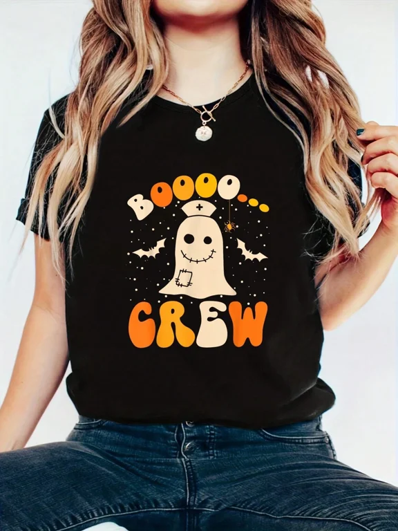 Groovy Boo Boo Crew Nurse Funny Ghost Women Halloween Nurse T-Shirt - 100% Cotton Graphic Tees Women, Summer Clothes