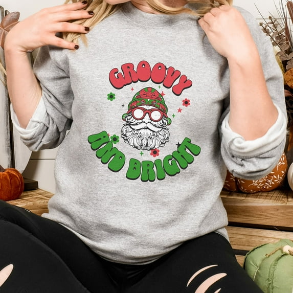 Groovy and Bright Christmas Sweatshirt, Christmas Sweatshirt, Christmas Hoodie, Holiday Sweater, Winter Sweatshirt, Retro Santa Sweatshirt (Sizes:4XL; Colors:White;)