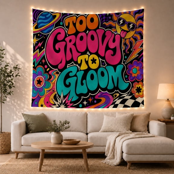 Groovy Bubble Letter Quote Set Against Black Background, Playful Psychedelic for Vintage Decor Fans, Fun Art Print, Birthday Gift, Tapestry Wall Hanging for Bedroom and Dorm