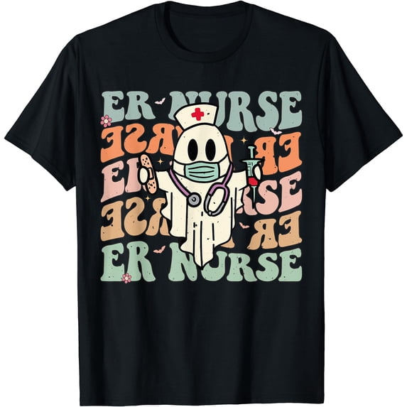 Groovy Cartoon Ghost Nurse T-Shirt for Fun Halloween Costume and ER Nurse Theme