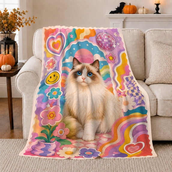 Groovy Cat With Blue Eyes In Psychedelic Retro Scene Cheerful Whimsical Art For Cat Lovers Housewarming Gift Soft Flannel Blanket Home Decor Bedroom Living Room