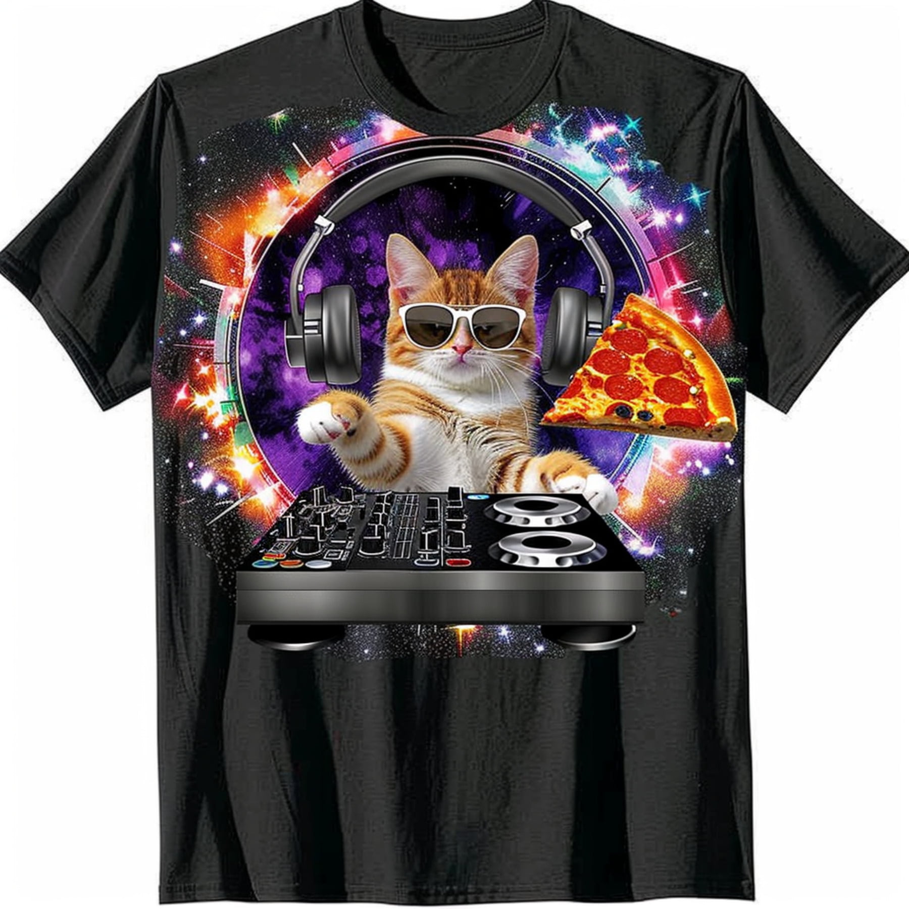 Groovy Cat DJ Party Black TShirt Funny feline in shades spinning tunes