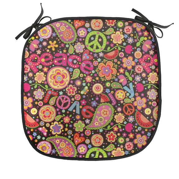 Groovy Chair Seating Cushion, Hippie Colorful Paisley Leaves Music Keys Typography Idealism Historic Revolution, Soft Seat Pads for Office with Anti-slip Backing, 16"x16", Multicolor, by Ambesonne
