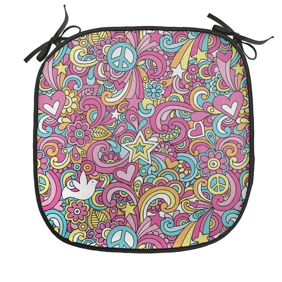 Groovy Chair Seating Cushion, Psychedelic Complex Funky Pastel Patterns with Stars Back to 60s Style Retro, Soft Seat Pads for Office with Anti-slip Backing, 16"x16", Multicolor, by Ambesonne