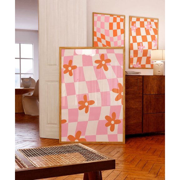 Groovy Checkered Retro Floral Orange 70S Portrait Decor Unframed Paper Print