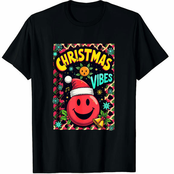 Groovy Christmas Vibes Smile Face Santa Hat Xmas T-Shirt for Men and Women