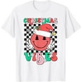 thumbnail image 1 of Groovy Christmas Vibes Smile Face Santa Hat Xmas Teens T-Shirt Tee, 1 of 4
