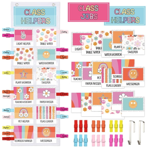Groovy Class Job Pocket Chart with Card Hook Clip Classroom Management Bulletin Board Decor 12 Pockets