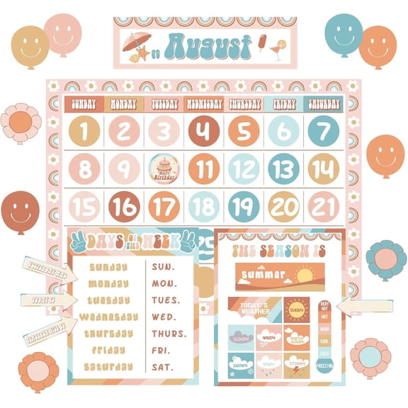 Groovy Classroom Calendar Bulletin Board Set Decorations Retro Hippie Calendar Seasons Weather Chart CTP Bright Paper-Cuts Boho Hippie Wall Decals for Classroom Preschool Middle School Decor