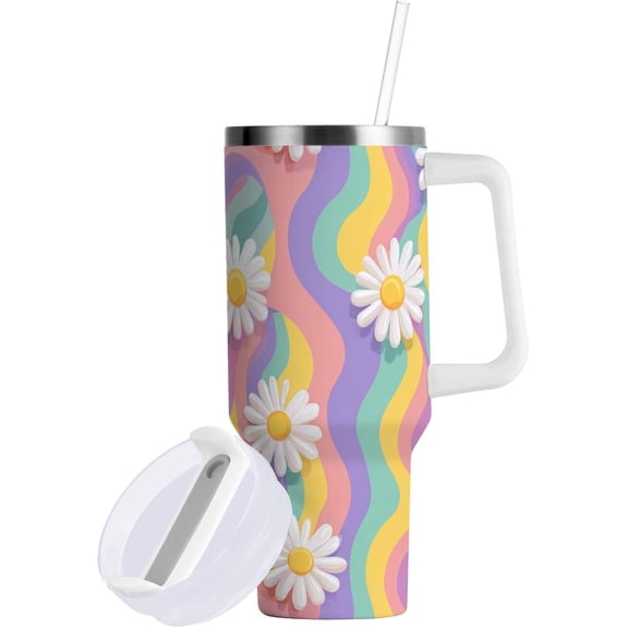 Groovy Colorful Daisy Pastel Colored Tumbler with Handle and Straw Leak Proof Tumbler 2 in 1 Lid Insulated Water Bottle Tumblers Stainless Steel Cup Large Travel Mug Cups, Gifts for Women Man, 40oz