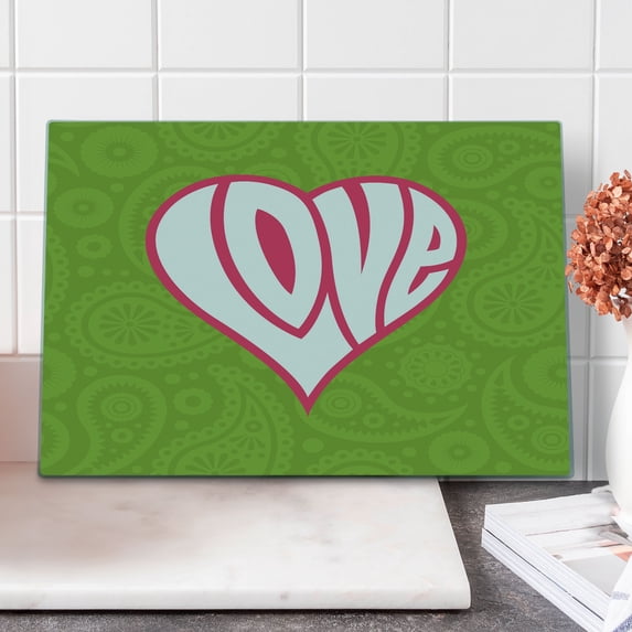 Groovy Cutting Board, Heart Illustration on Paisley Background Centre of Love Nutrient Retro Design, Decorative Tempered Glass Cutting and Serving Board, Large Size, Green White Pink, by Ambesonne