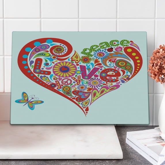 Groovy Cutting Board, Hippie Heart Shape Colorful Flowers Butterfly Springtime Happy Days Design, Decorative Tempered Glass Cutting and Serving Board, Large Size, Multicolor, by Ambesonne
