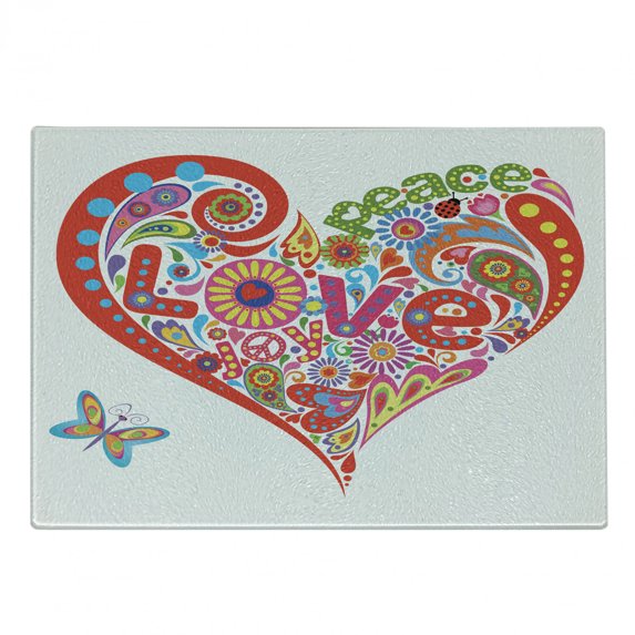 Groovy Cutting Board, Hippie Heart Shape Colorful Flowers Butterfly Springtime Happy Days Design, Decorative Tempered Glass Cutting and Serving Board, Small Size, Multicolor, by Ambesonne
