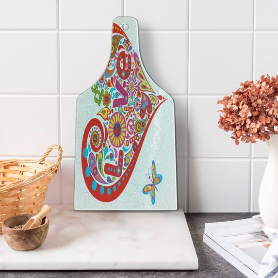 Groovy Cutting Board, Hippie Heart Shape Colorful Flowers Butterfly Springtime Happy Days Design, Decorative Tempered Glass Cutting and Serving Board, Wine Bottle Shape, Multicolor, by Ambesonne