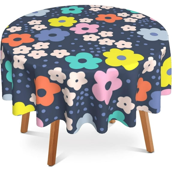 Groovy Daisy Dots 60 Inch Round Tablecloth,Retro Hippie Floral Table Cloth Waterproof Stain and Wrinkle Resistant Circle Table Cover for Kitchen Dining Picnic Camping Indoor Outdoor Decor