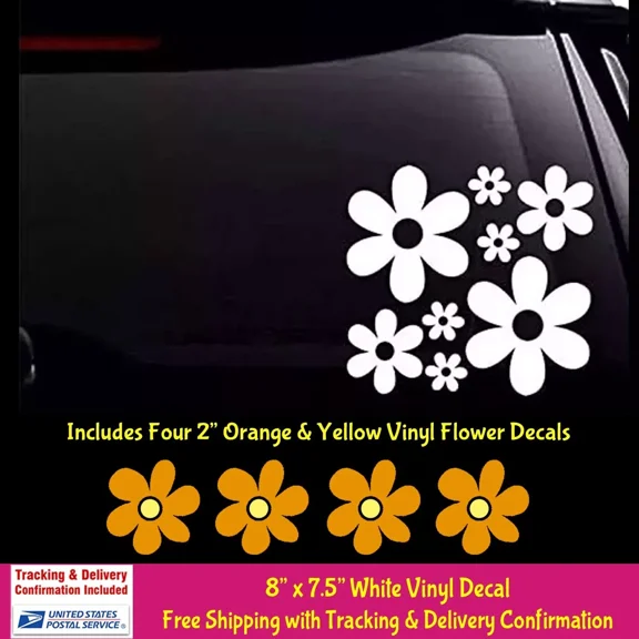 Groovy Daisy Flowers 8" White Vinyl Decal Car Truck Windows Tablet Mailbox Mugs