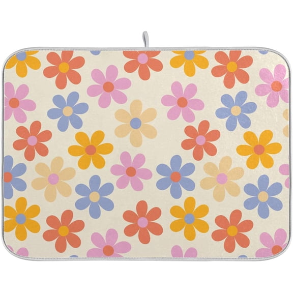Groovy Daisy Flowers Dish Drying Mat for Kitchen Retro Floral Orange Blue Yellow Microfiber Drying Mats Absorbent Reversible Dish Pad Medium Dish Draining Mat 16x18 inch