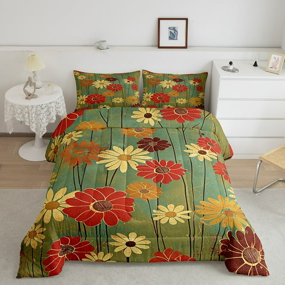 Groovy Daisy Queen Bedding Set Women,Vintage Floral Comforter Set Teens Adult,Red Orange White 1960S 1970S Flowers Down Comforter,Abstract Green Aesthetic Bed Set 3Pcs