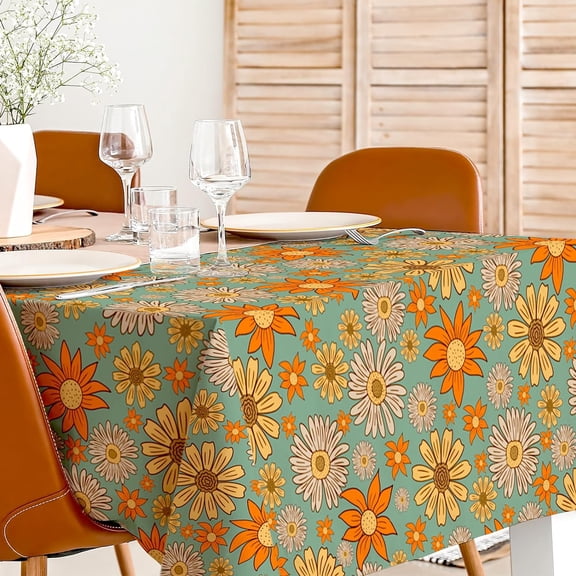 Groovy Daisy Tablecloth 60 x 102 Inch Vintage Boho Floral Table Cloth Washable Retro Hippies Flower Table Cover for 70s Boho Birthday Baby Shower Wedding Party Decor