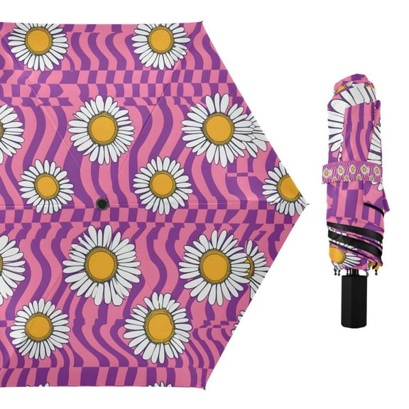 Groovy Daisy and Chessboard Compact Sun Umbrella Windproof Travel Umbrellas for Rain Strong Portable UV Protection