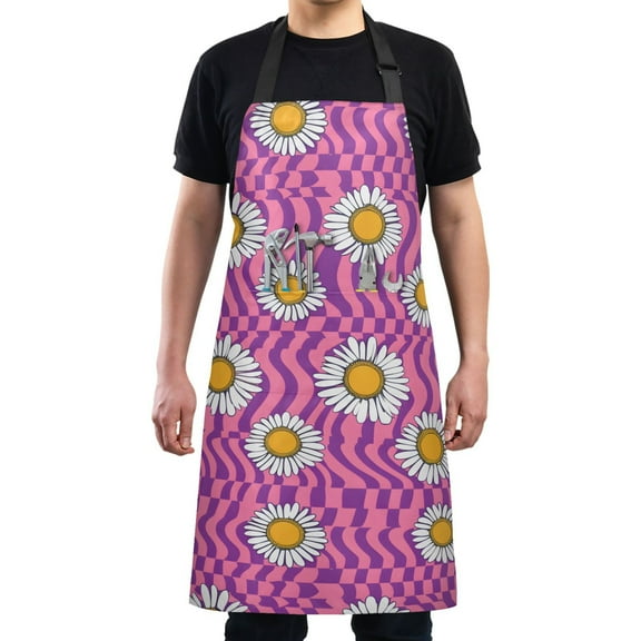 Groovy Daisy and Chessboard Kitchen Apron with 2 Pockets Adjustable waterproof Cooking Aprons for Women Men Chef