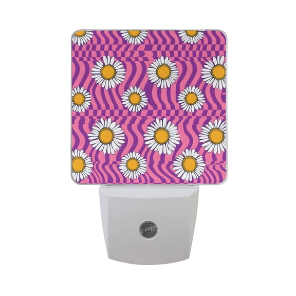 Groovy Daisy and Chessboard Night Light 2 Pack LED Nightlight Plug into Wall Dusk to Dawn Sensor Soft White
