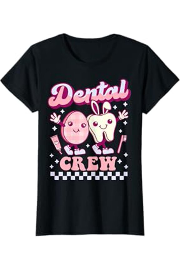 Groovy Dental Crew Cartoon Tooth and Gumdrop T-Shirt for Hygienists and Dentists