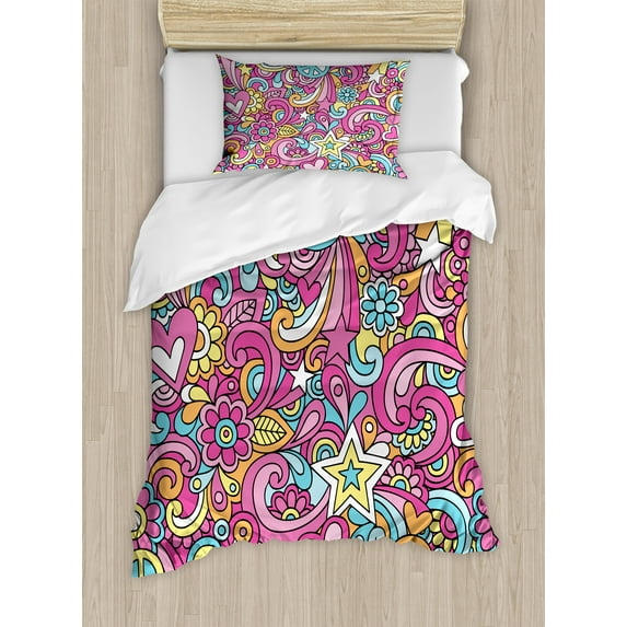 Groovy Duvet Cover Set, Psychedelic Complex Funky Pastel Patterns with Stars Back to 60s Style Retro, Decorative 2 Piece Bedding Set with 1 Pillow Shams, Twin Size, Multicolor, by Ambesonne