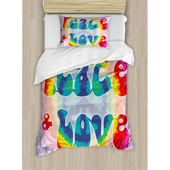 Groovy Duvet Cover Set Twin Size, Peace and Love Text in Tie Dye Pattern Energetic Youthful Fun 60s 70s Hippie Design, Decorative 2 Piece Bedding Set with 1 Pillow Sham, Multicolor, by Ambesonne