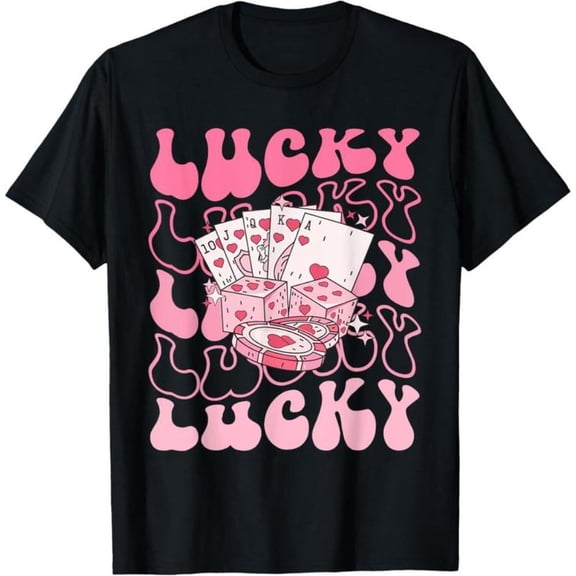 Groovy And Eye - Catching Tops For Women Featuring "LUCKY" Casino - Themed Graphic With Playing Cards, Dice And Chips Design Print Tshirts Retro - Style Graphic Tees