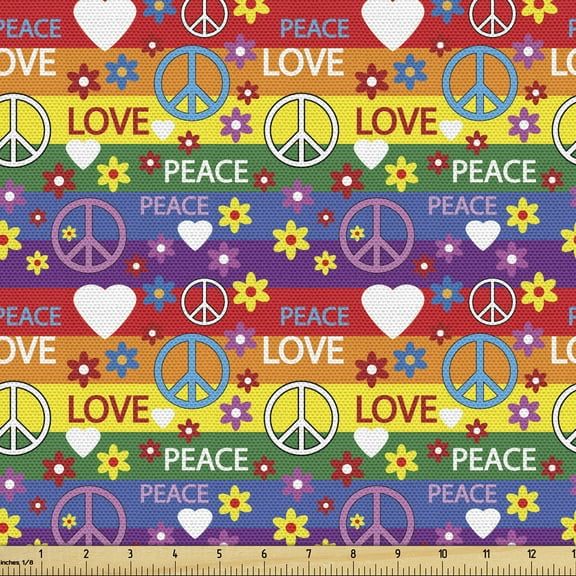 Ambesonne Hippie Fabric by the Yard Upholstery, Heart Peace, 3 Yards, Multicolor